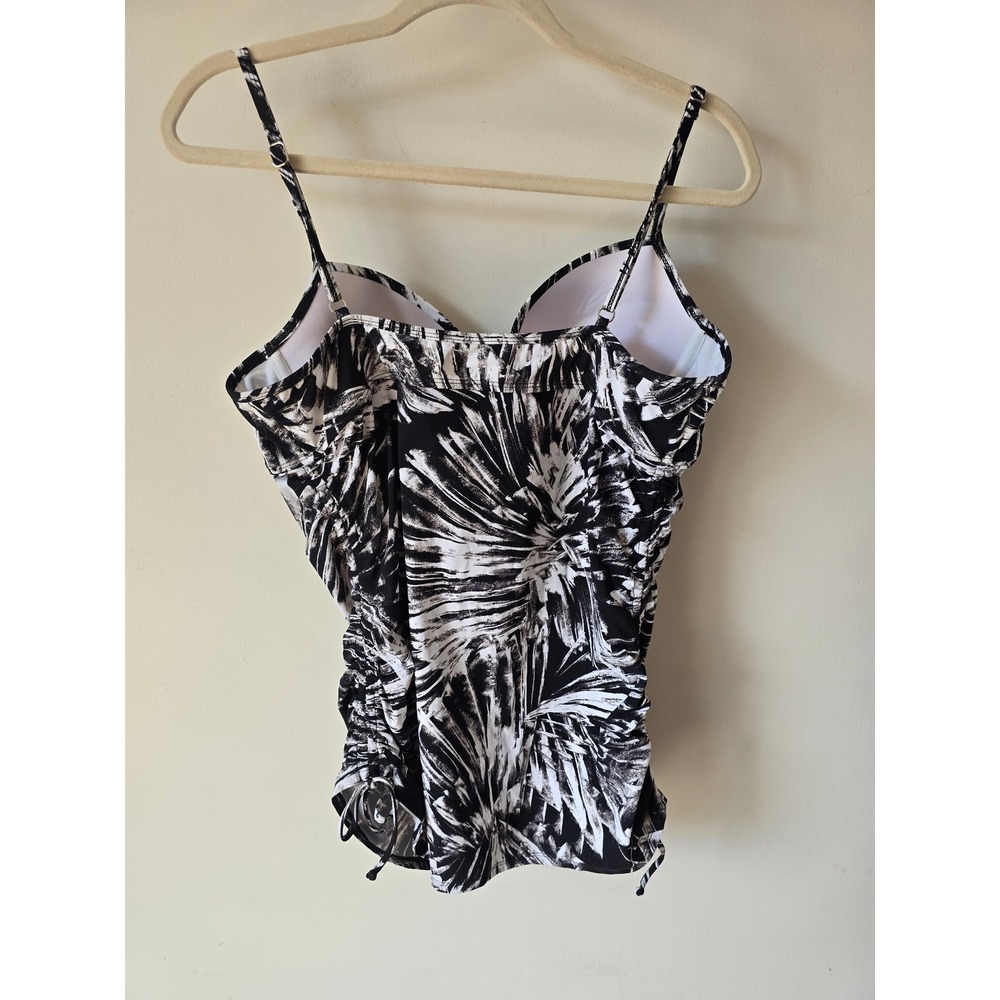 Spanx Assets Black White Palm Print Tankini Top XL Underwire Ruched - Picture 3 of 8